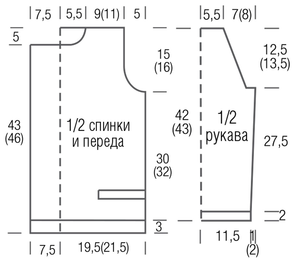 Схема вязания двубортного жакета спицами